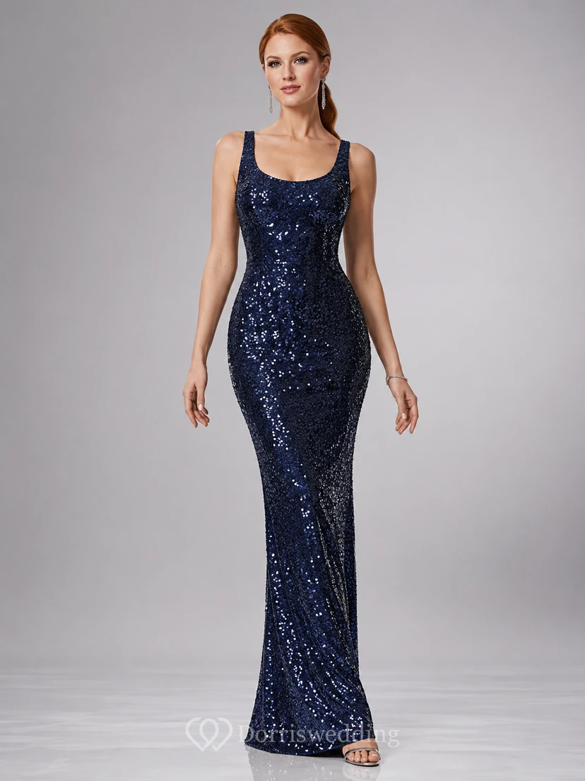 Dark Navy Scoop Sequin Lace-Up Mermaid Gown