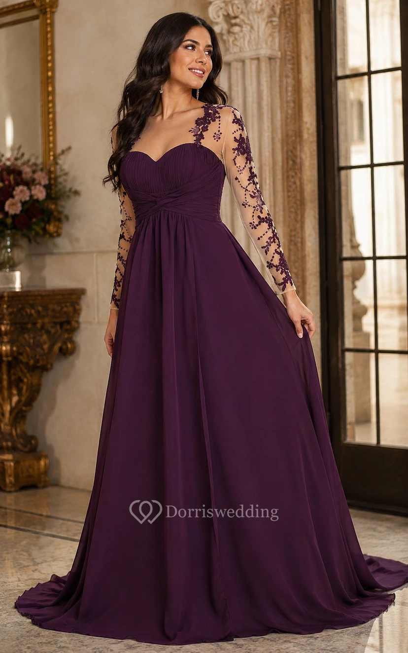 Robe de bal en mousseline vert foncé à manches longues et décolleté en cœur illusion view 7