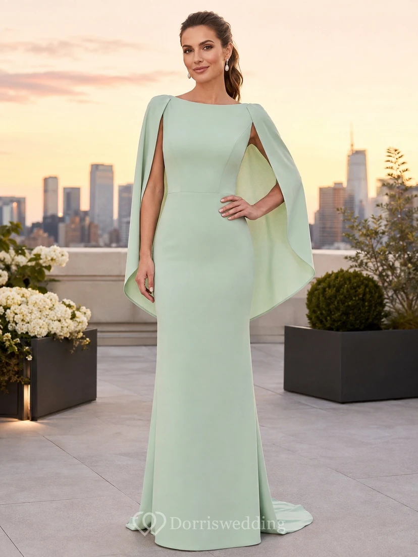 Celadon Modern Bateau Long-Sleeve Jersey Sheath Floor-Length Evening Dress
