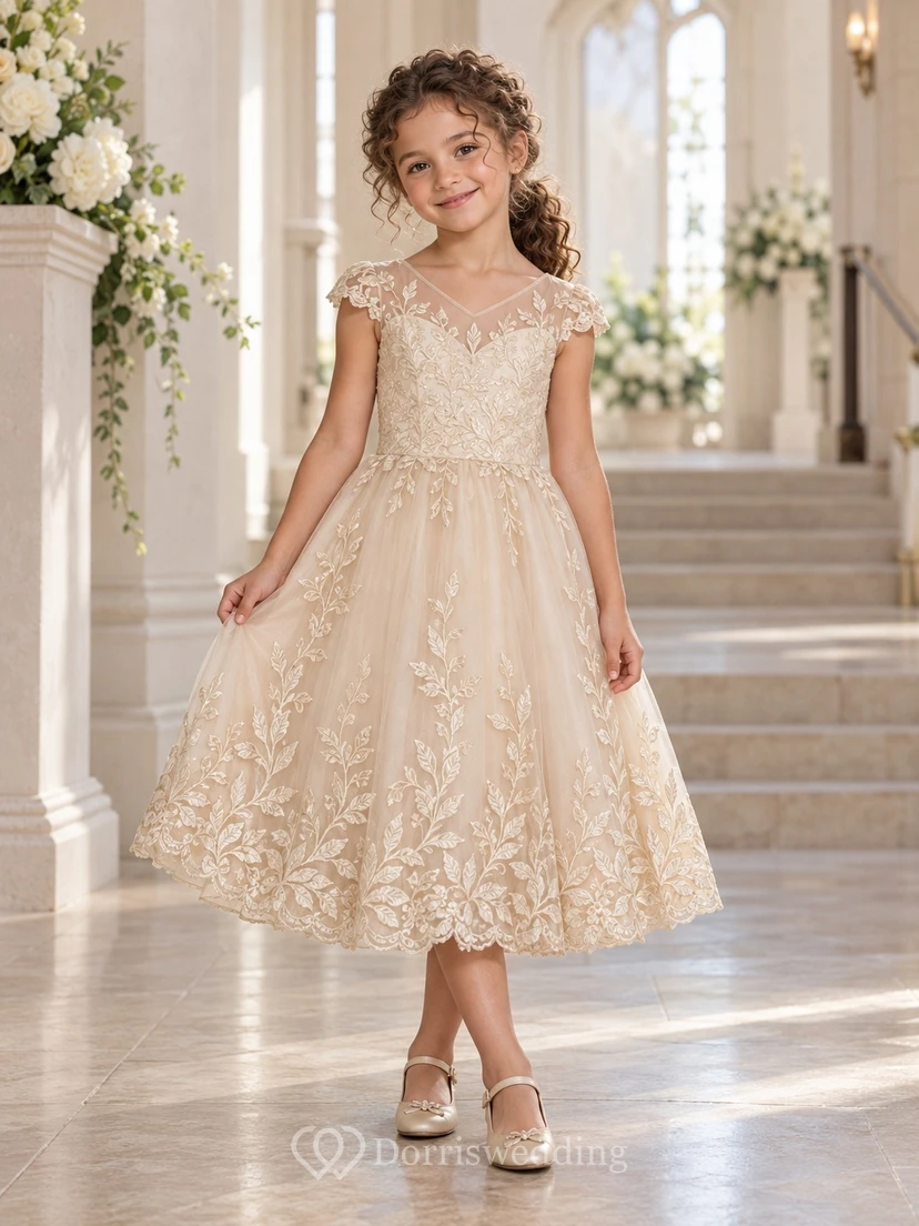 Tea-length Champagne Floral A-line Tulle Cap-sleeve V-neck Scalloped Flower Girl Dress