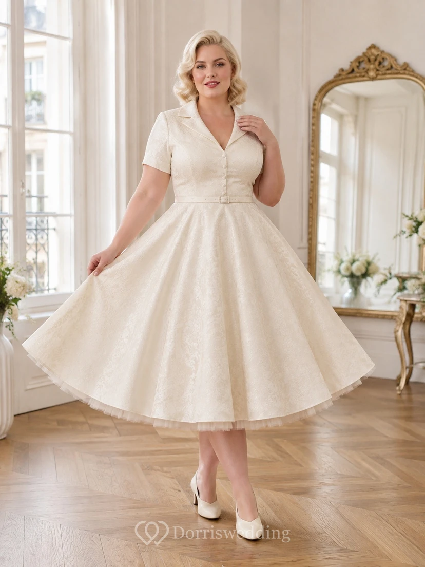 Schlichtes, kurzes Brautkleid in A-Linie mit Knopfleiste, Vintage-Satin, Reverskragen, kurzen Ärmeln und Teelänge in Übergröße