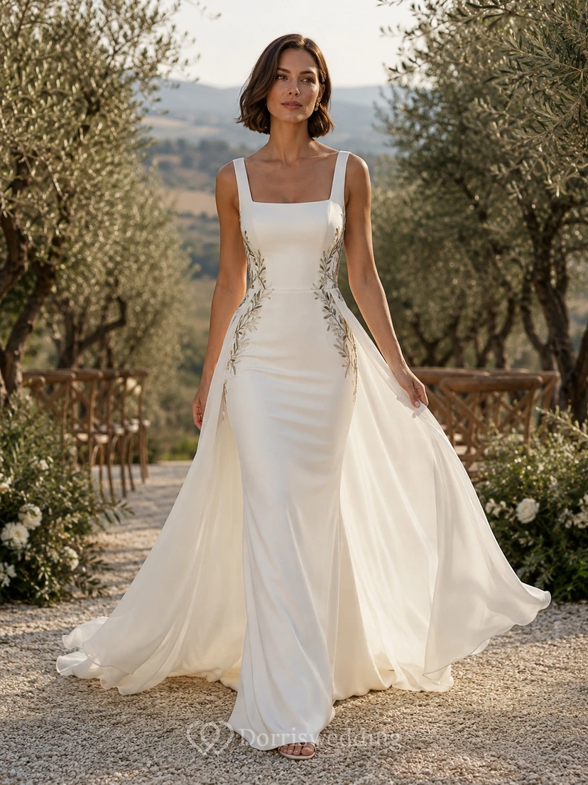 Satin Wedding Dress Sheath Square Neck Sleeveless Floor Length Low V Back Bridal Gown