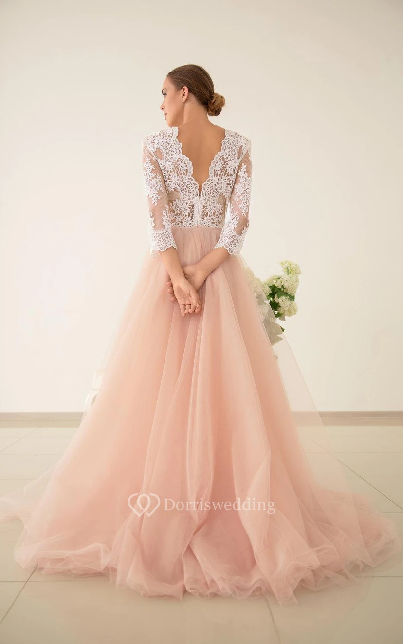 Robe de mariée en tulle rose, dentelle et tulle, robe de demoiselle d'honneur à manches longues view 4