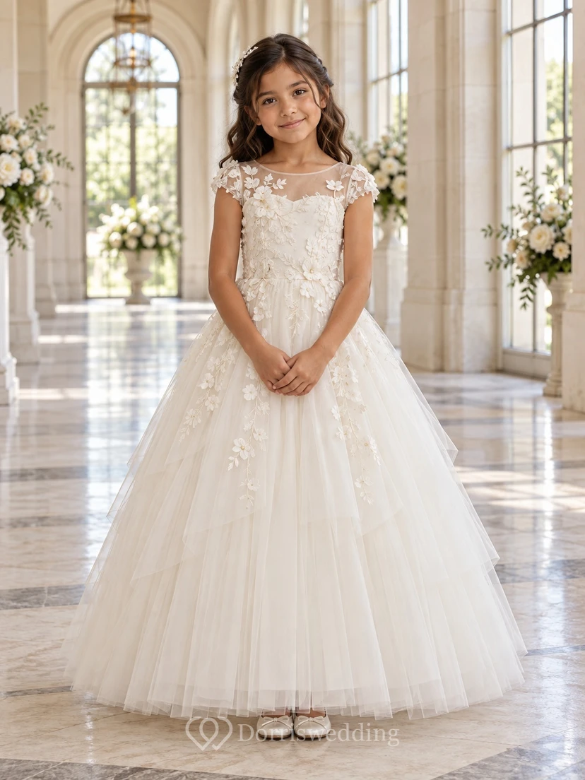Ivory Ball-gown Lace Tulle Floor-length Cap-sleeve Illusion Appliqued Flower Girl Dress