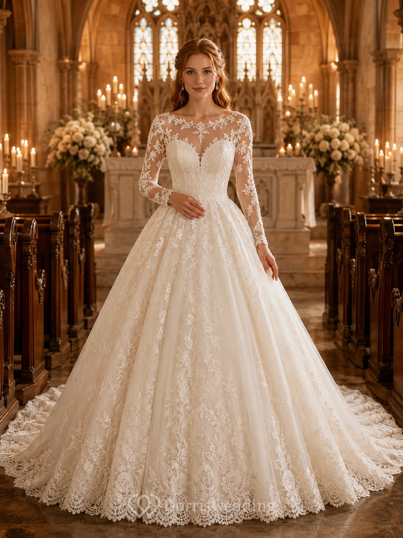 Romantic Long Sleeve Lace Ball Gown Chapel Bridal Dress