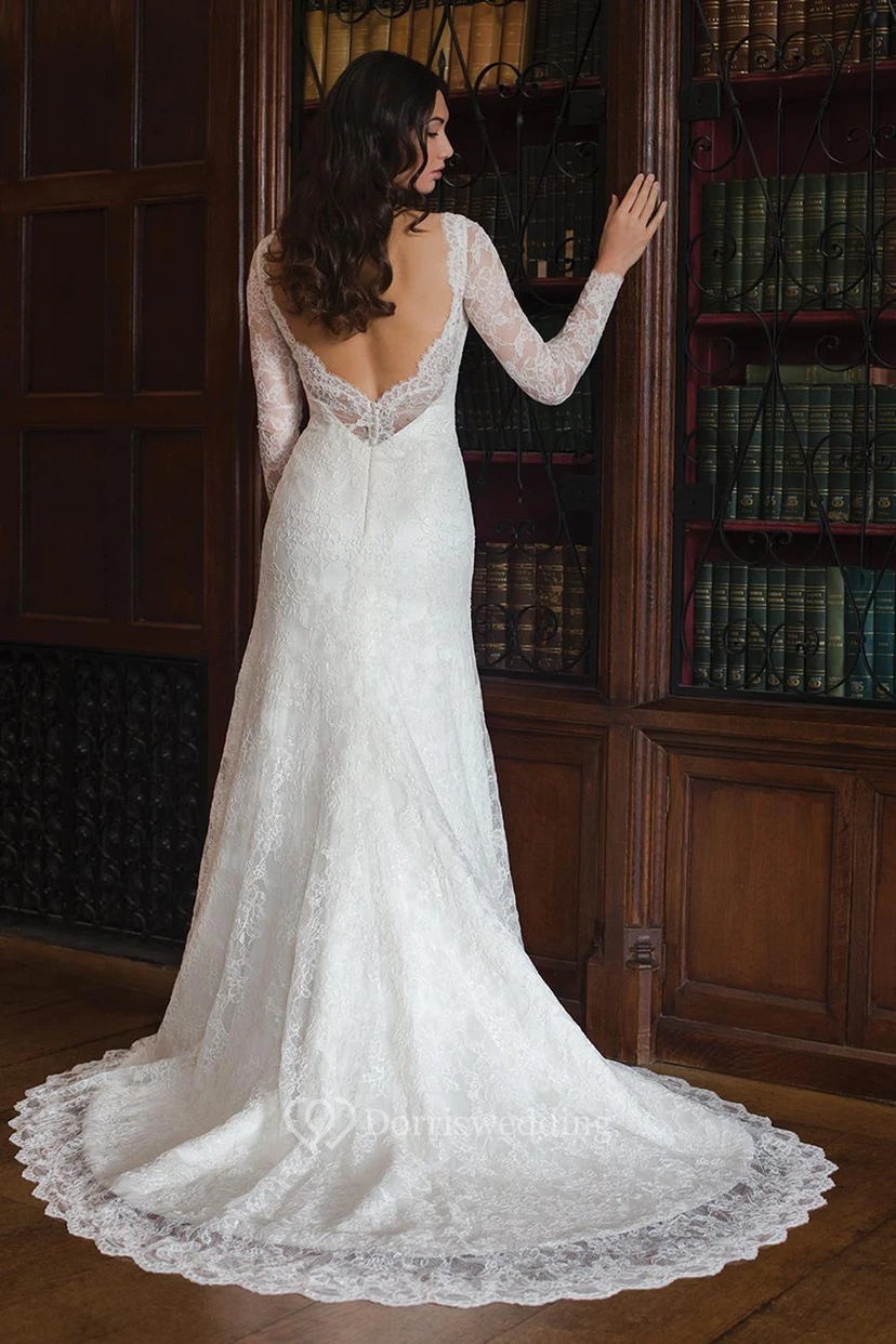 Sheath Maxi V-Neck Long-Sleeve Lace Wedding Dress With Deep-V Back view 2