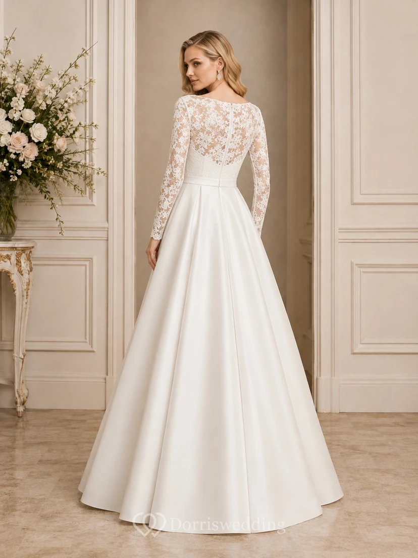 Schlichtes, bodenlanges Brautkleid aus Spitze mit Illusionseffekt und Schmucksteinen, lange Ärmel view 2