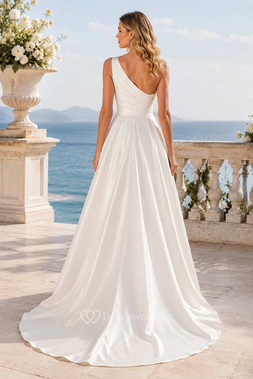 One Shoulder Satin High-Low Wedding Dress with A-Line Skirt view 2