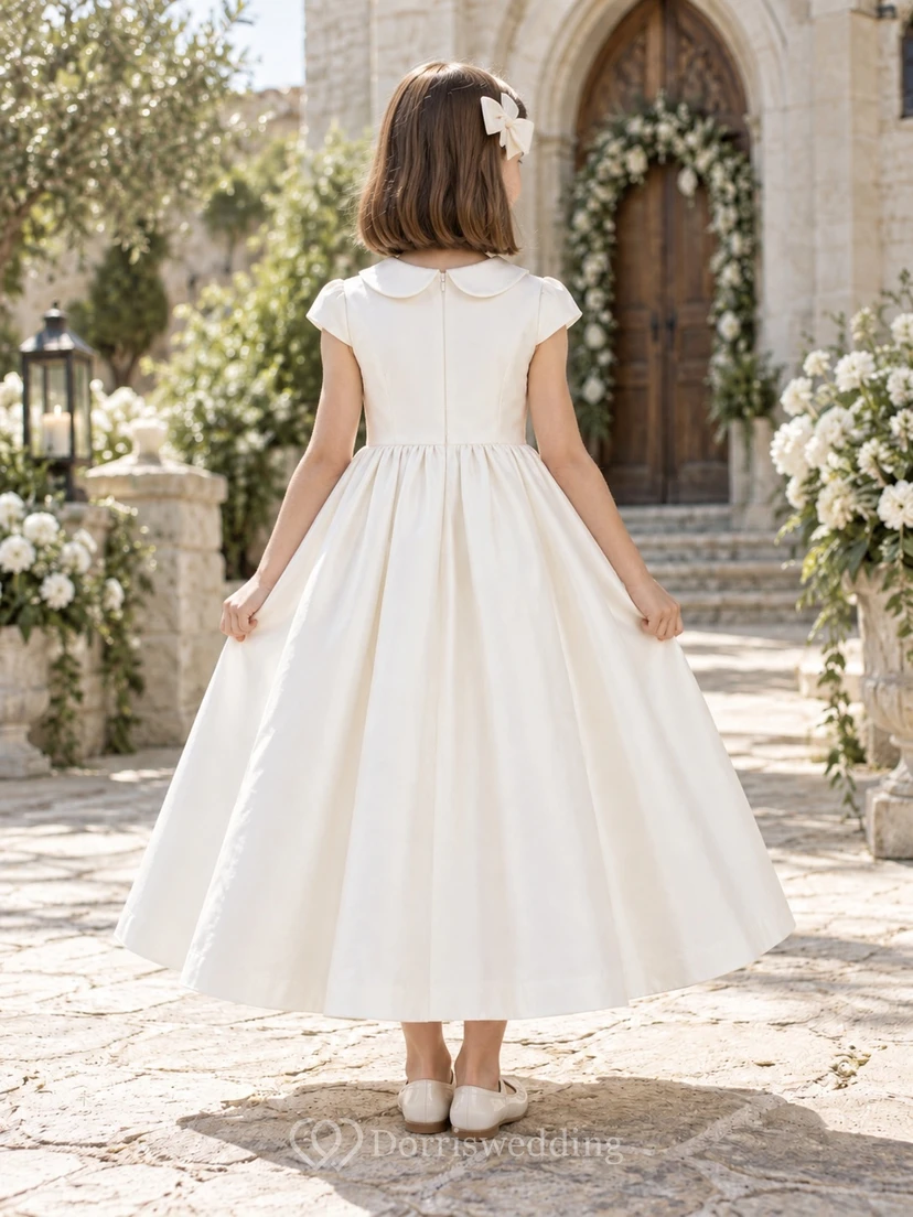 Simple White Ankle-length Peter-Pan-collar Cap-sleeve Button-front Unbanded Gathered Zipper-back A-line Flower Girl Dress view 2