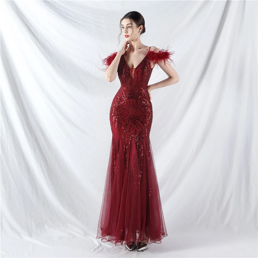 9-farbiges, handgefertigtes Abendkleid aus Kamelfedern, Netzstoff und Pailletten, sexy Trägern view 62