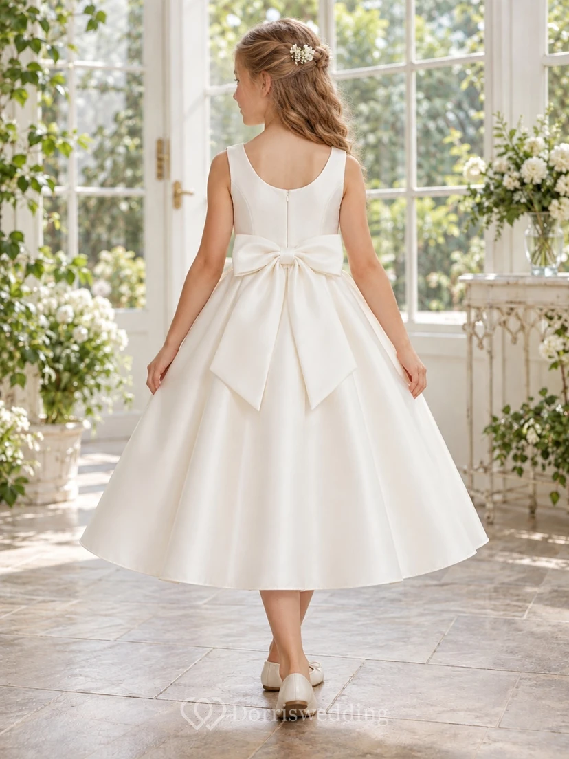 Simple Tea-length Ivory Satin Jewel Sleeveless Sashed Gathered Scoop-back Bow Flower Girl Dress view 2