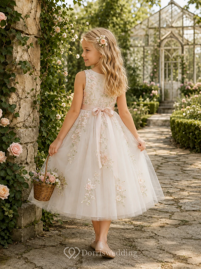 Vestido blanco romántico de tul con corte en A para niña, sin mangas, escote cuadrado, largo hasta la rodilla, apliques de jardín. view 2