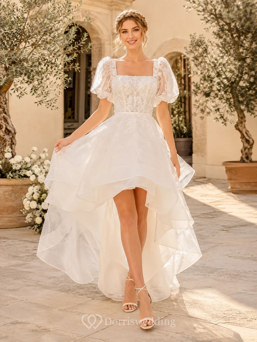 Bohemian High-Low Square Puff Sleeve Tiered Chiffon Romantic Wedding Dress