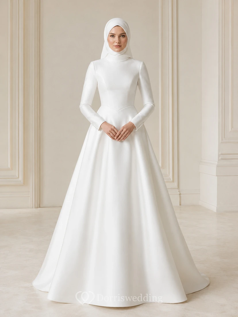 Modest Muslim Long Sleeve High Neck Satin A-Line Wedding Dress