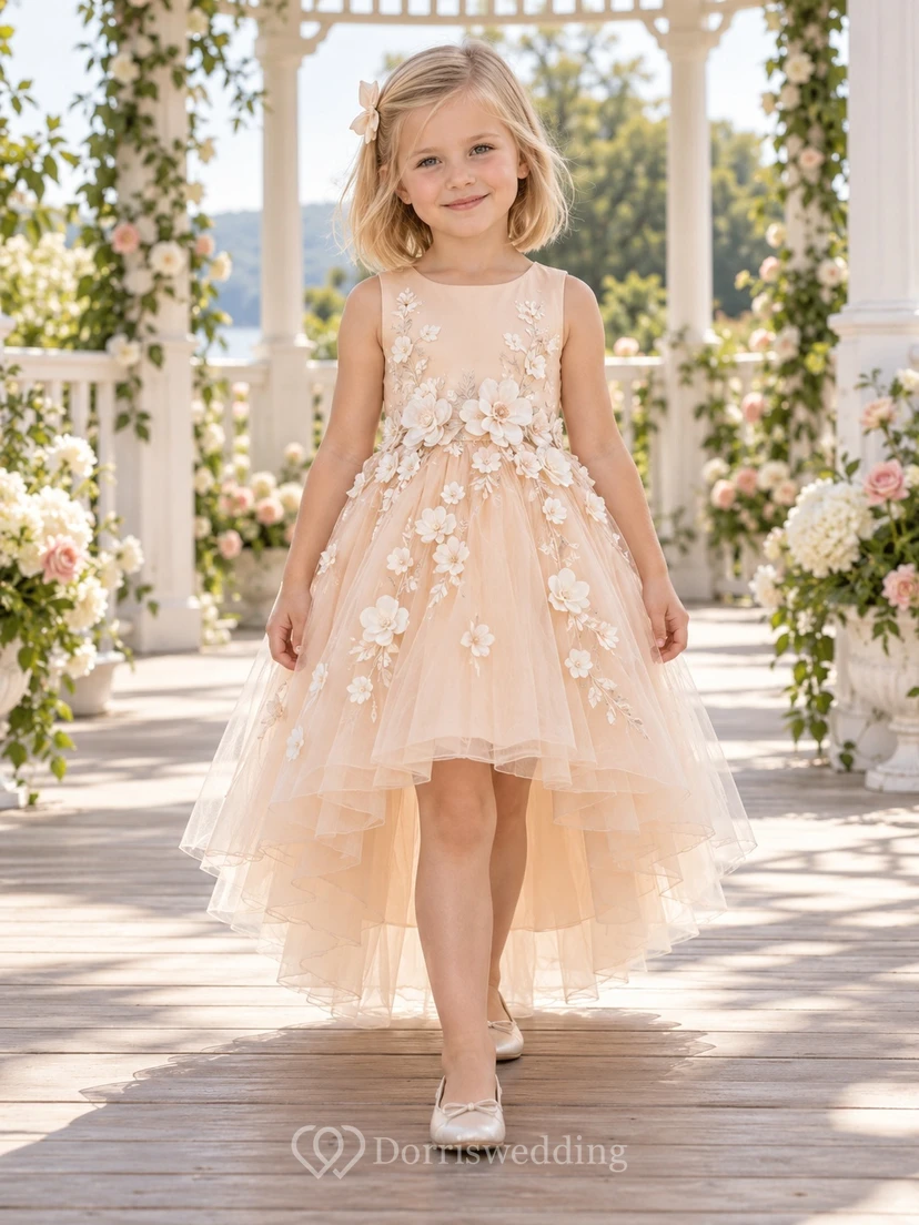 High-low Blush Sleeveless Floral Waist Tulle Flower Girl Dress