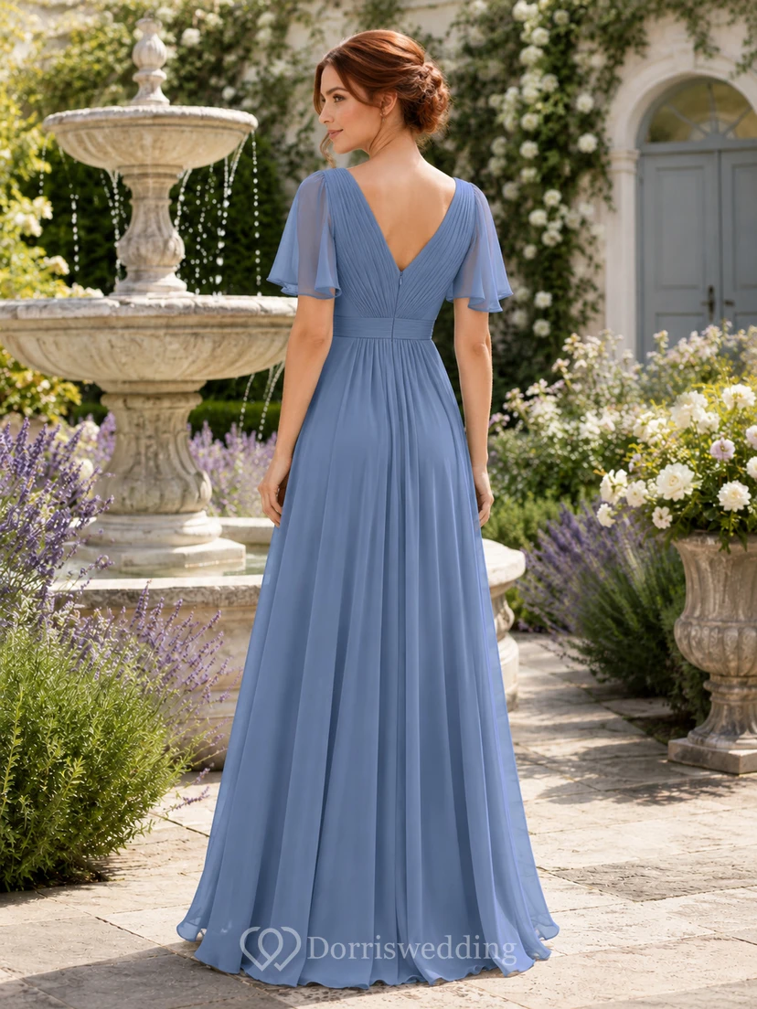 Steel Blue Outdoor Garden A-Line Chiffon Bridesmaid Dress with V-Neck Flutter Sleeve Bodice, Pleated Floor-Length Skirt and Low V Back view 2