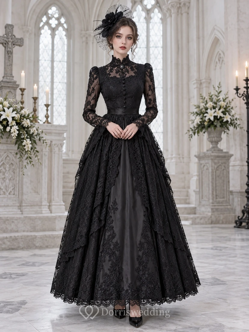 Gothic Schwarzes, hochgeschlossenes, langärmeliges, formelles Trauerkleid mit Spitzeneinsatz