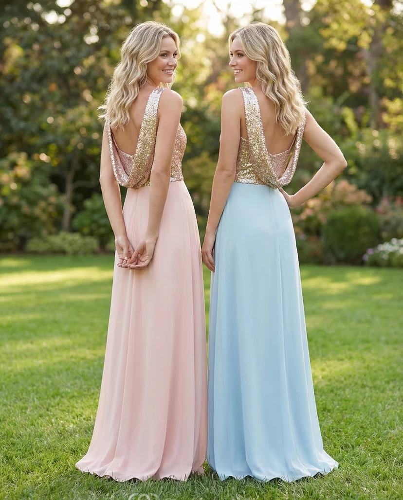 Halter V-Neck Sequin & Chiffon Maxi Gown view 2