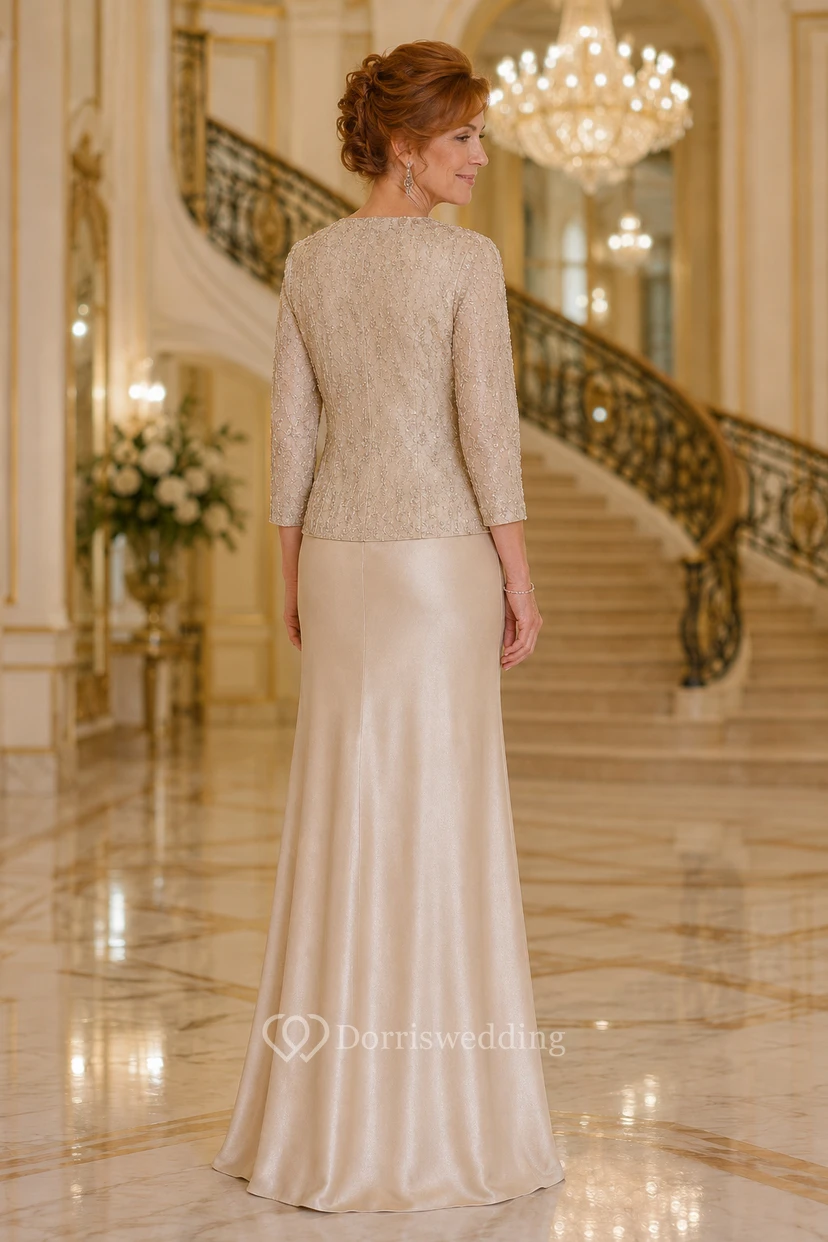 Mother of the Bride Champagne Satin Sheath Three-Quarter Sleeve Scoop Neck Floor-Length Dress with Jacket view 2