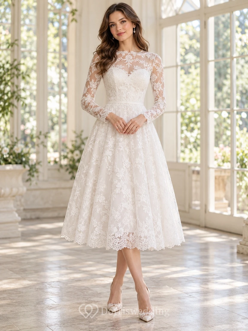 Robe d'invitée blanche à manches longues, décolleté cœur en dentelle illusion, longueur thé