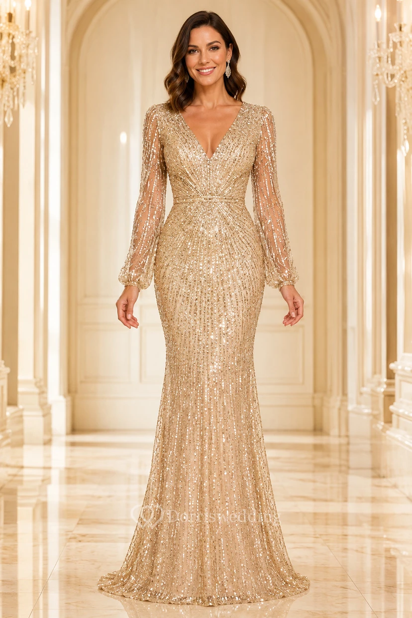 Robe de soirée fourreau champagne à sequins, manches longues et col en V