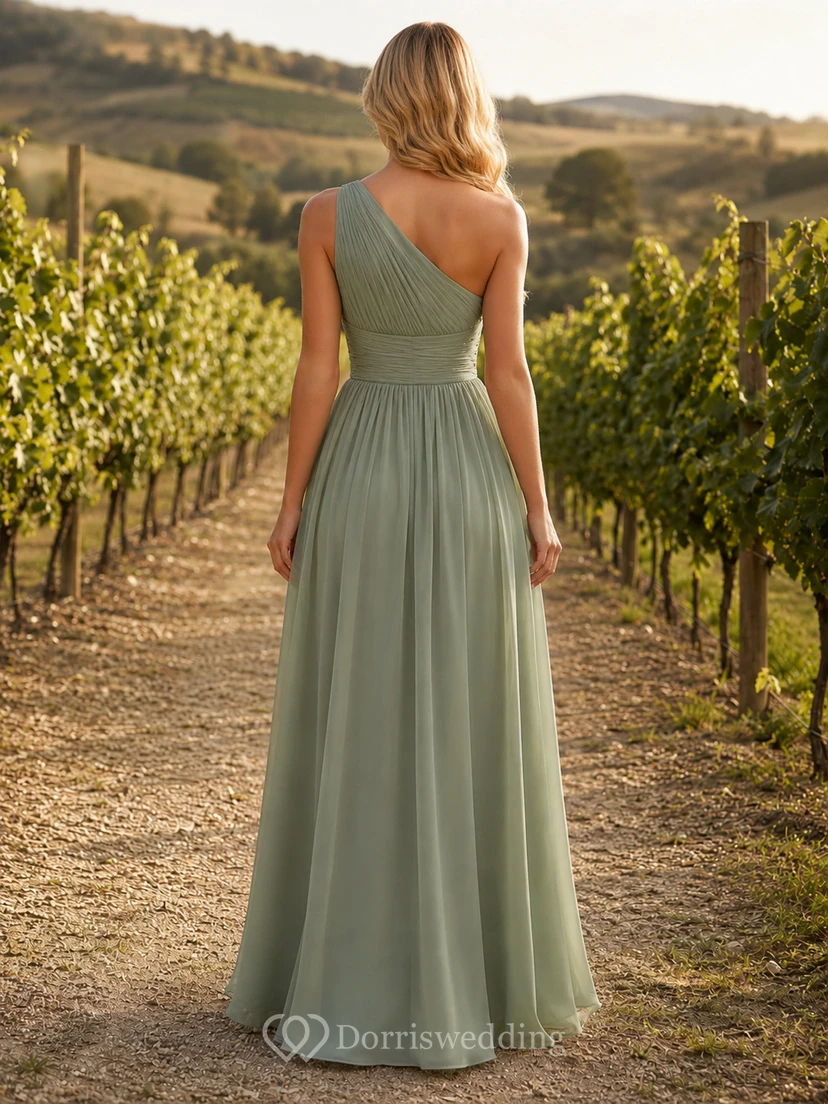 Sage Chiffon A-Line One-Shoulder Sleeveless Pleated Open Back Floor-Length Bridesmaid Dress view 2