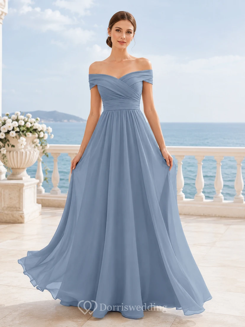 Dusty blue convertible off shoulder chiffon floor length bridesmaid dress