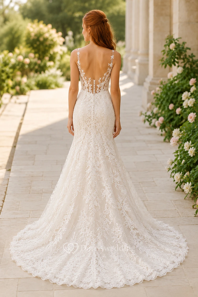 Brautkleid im Meerjungfrauenstil aus Spitze mit V-Ausschnitt, Trägern und Kapellenschleppe view 2