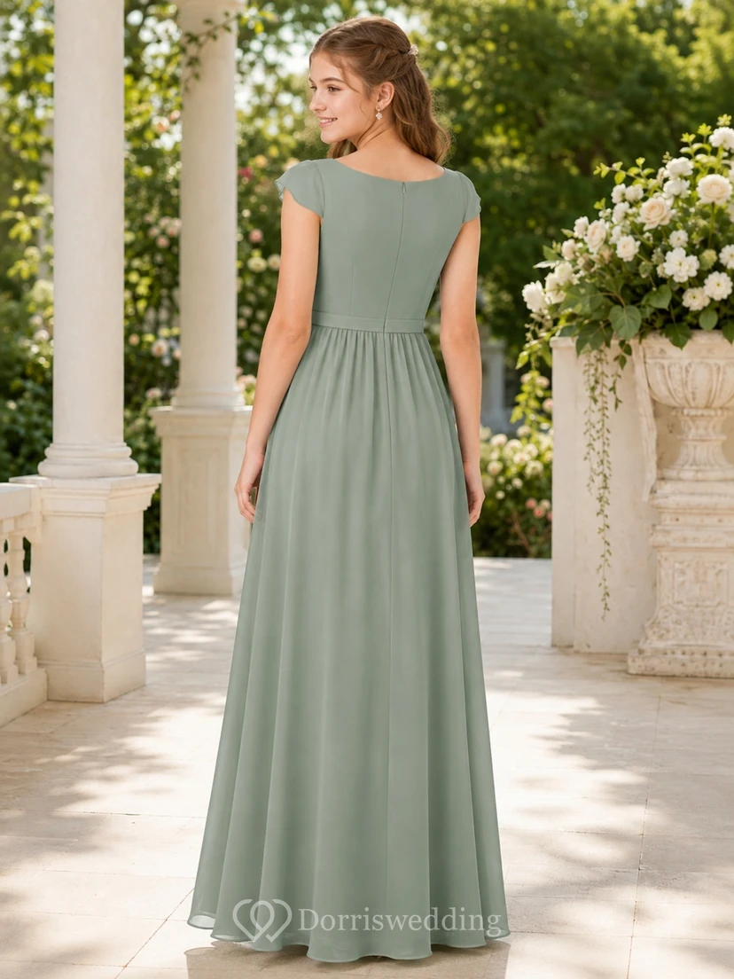 Celadonfarbenes Brautjungfernkleid für junge Mädchen, A-Linie, eckig, kurze Blütenblattärmel, Chiffon, schlicht view 2