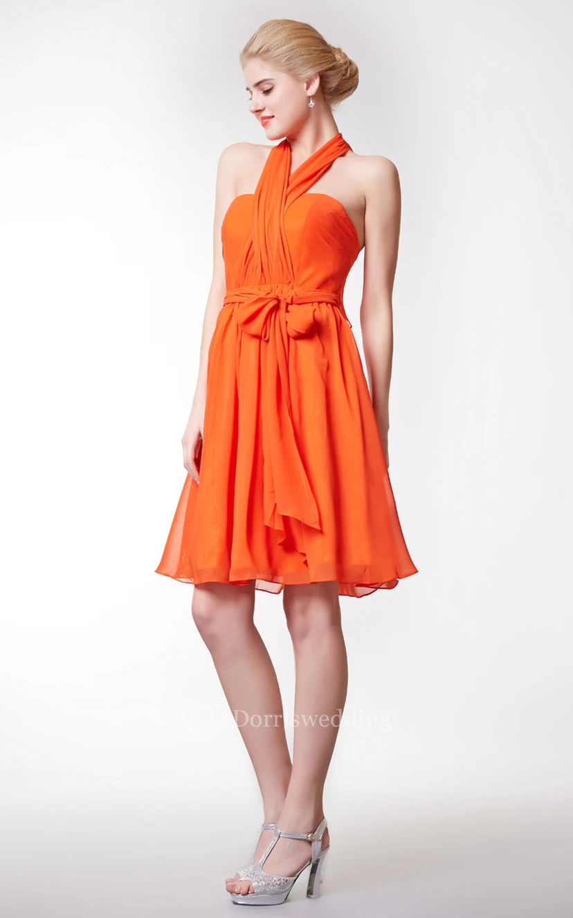 Halter Neck A-line Chiffon Short Dress With Bow view 2