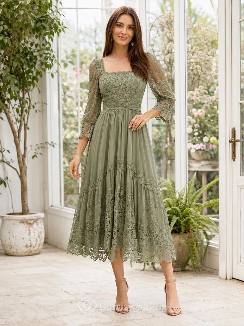 Celadon Square Illusion Lace Dreiviertelärmel Bohemian Garden Kleid für Gäste