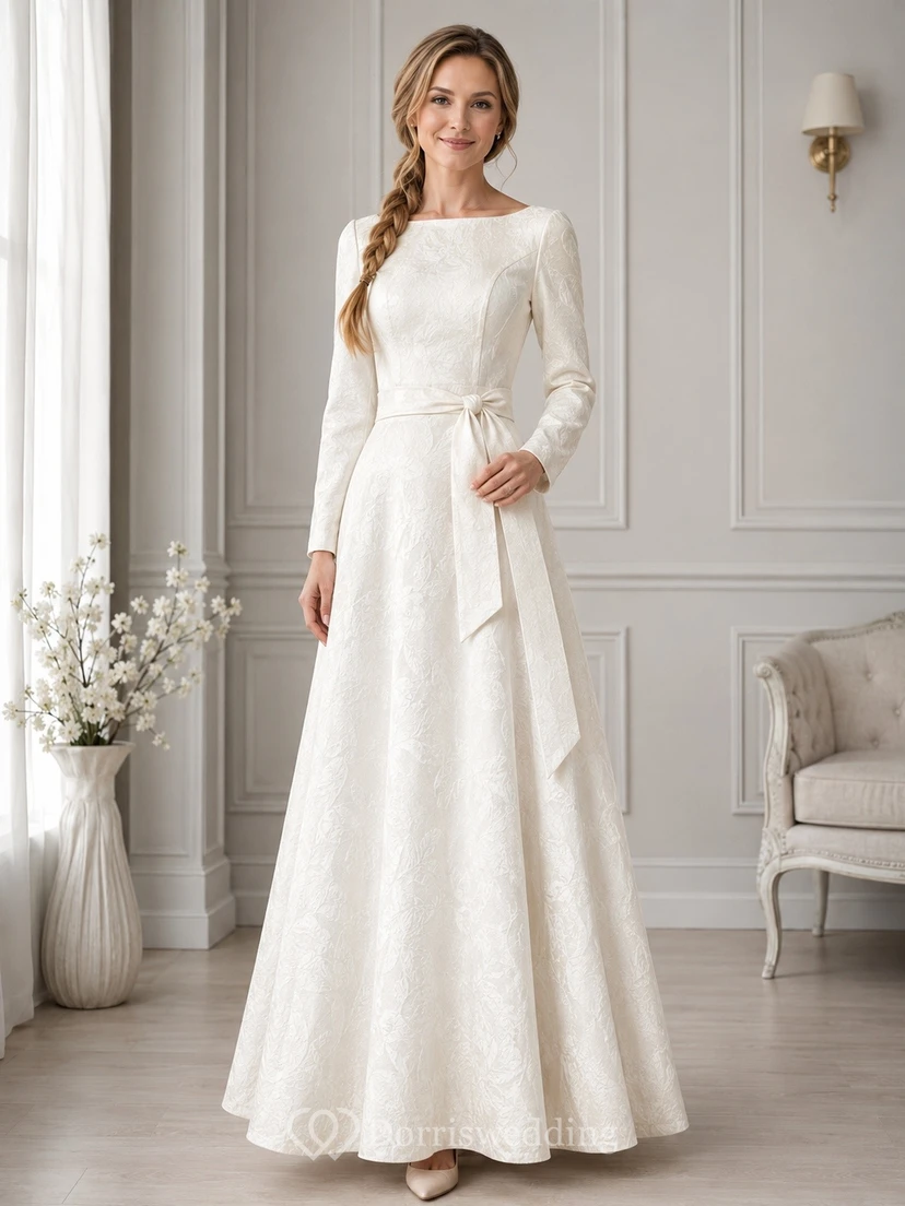 Vestido de manga larga, estilo modesto, color marfil, corte barco, estilo templo SUD.