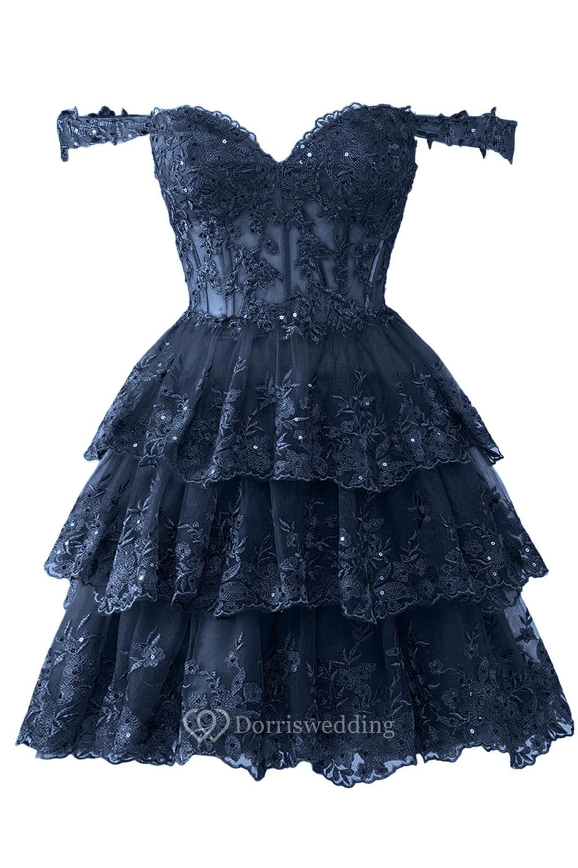 Blue Off-the-Shoulder Short Dress with Lace view 40