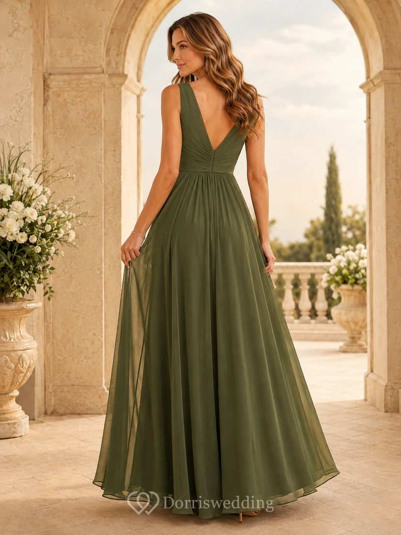 Dark-Green Boho V-Neck Sleeveless Chiffon A-Line Floor-Length Elegant Dress view 2
