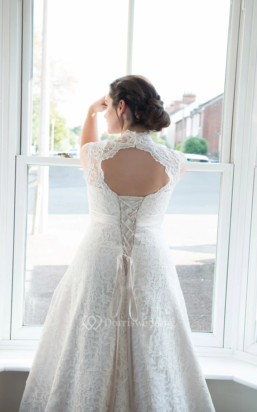 A-Line Floor-Length V-Neck Sleeveless Lace Flower Court Train Keyhole Flower Bridal Dress view 2