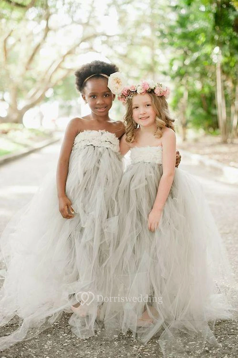 Romantic Strapless Tulle Girl Pageant Dress With Flowers