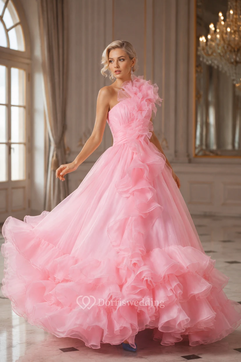 One-Shoulder A-Line Ruffled Draping and Dress With Tiers view 4