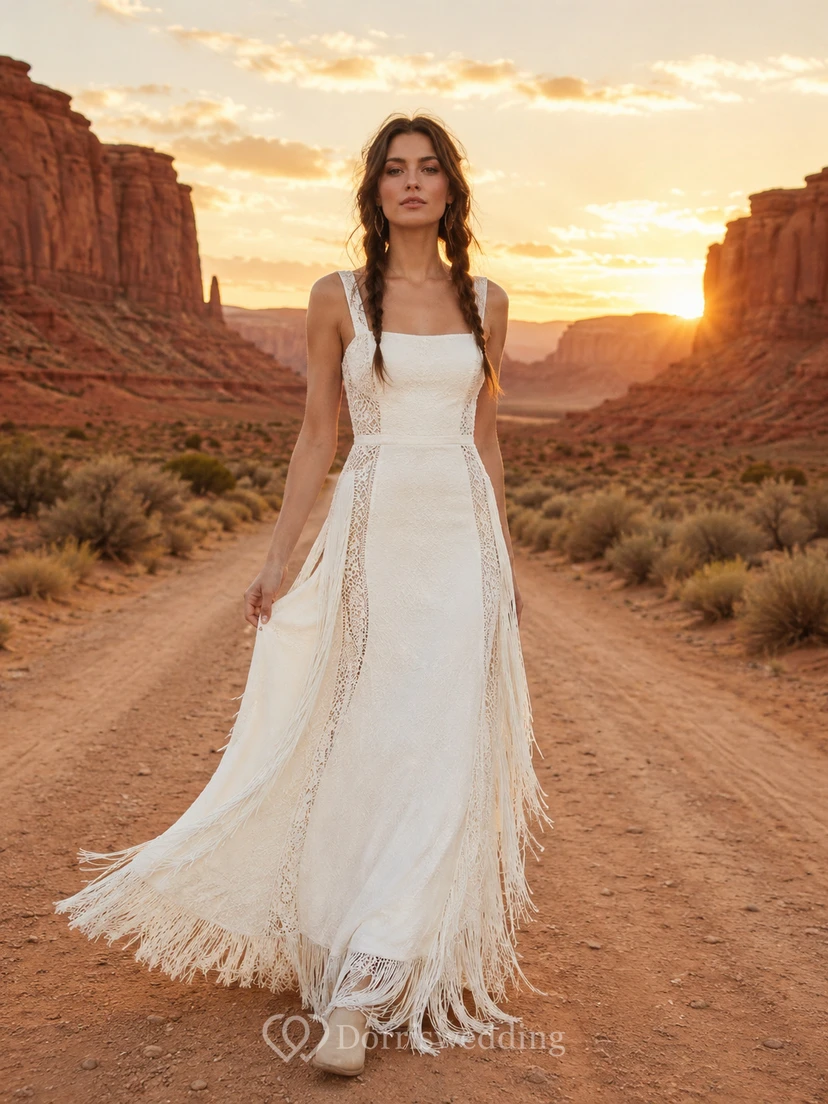 Robe de mariée bohème fourreau à franges et col carré style désert