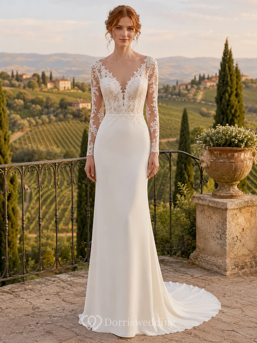 Vestido de novia de encaje campestre, corte recto, escote corazón, manga larga, cola larga, espalda baja en V.