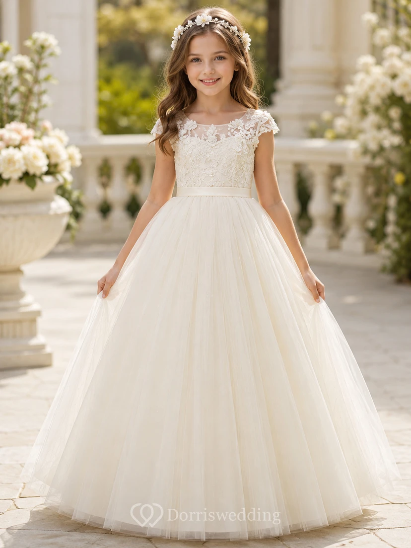 Vestido de niña de las flores, color marfil, encaje, tul, vestido de gala, manga corta, cuello joya, largo hasta el suelo.