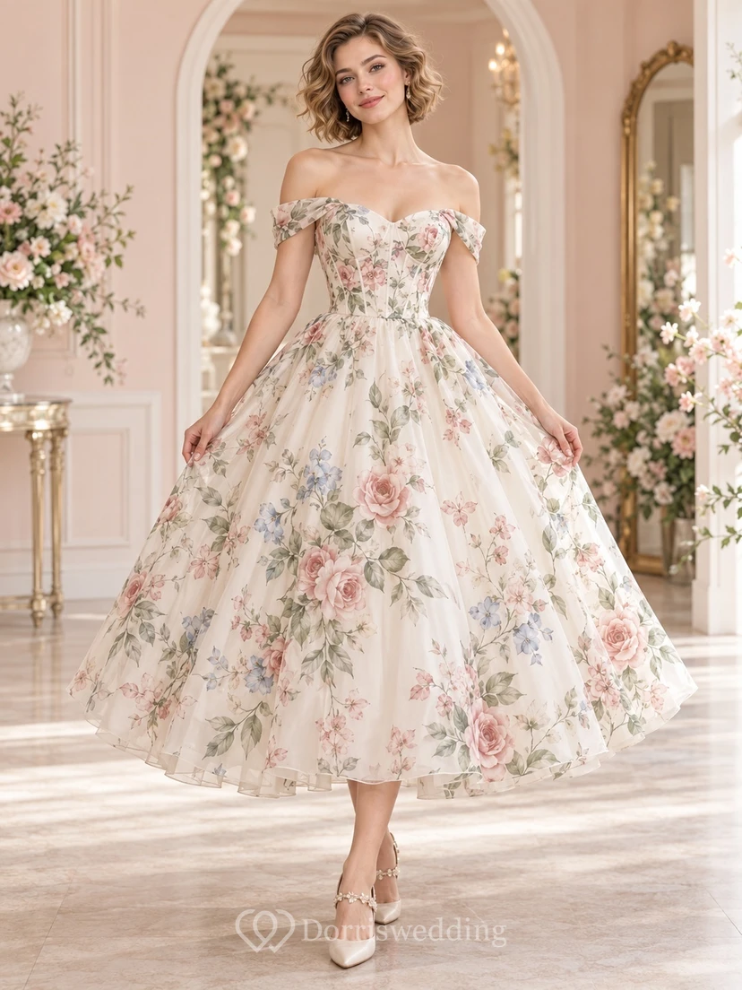 Tea-length Off Shoulder Floral Rose Print Satin A-line Wedding Dress