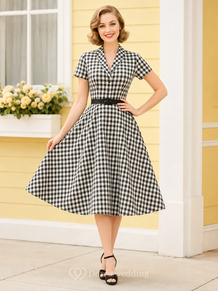 Robe vintage trapèze à carreaux vichy noirs et blancs, col cranté, manches courtes et longueur thé