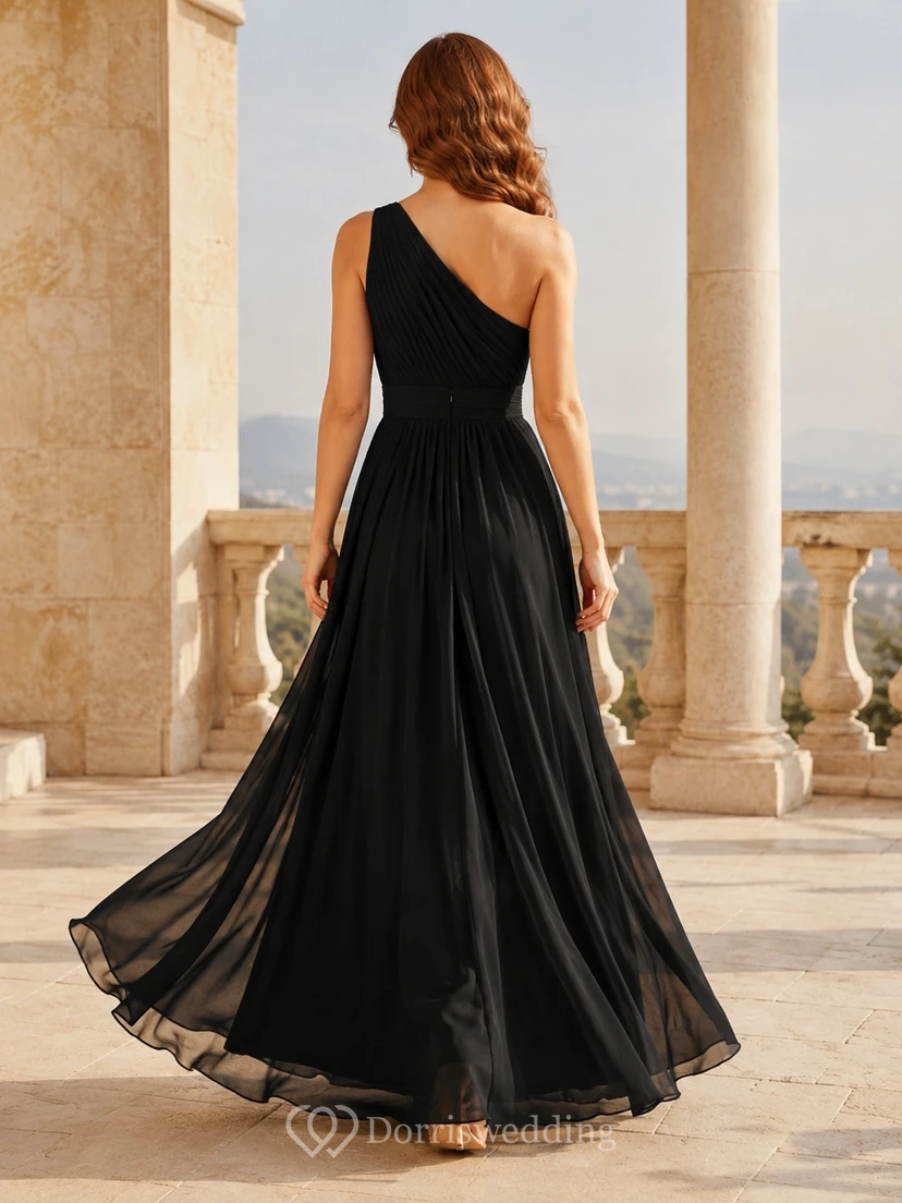 Black One-Shoulder Sleeveless Chiffon A-line Floor-length Sexy Modern Formal Gown view 2