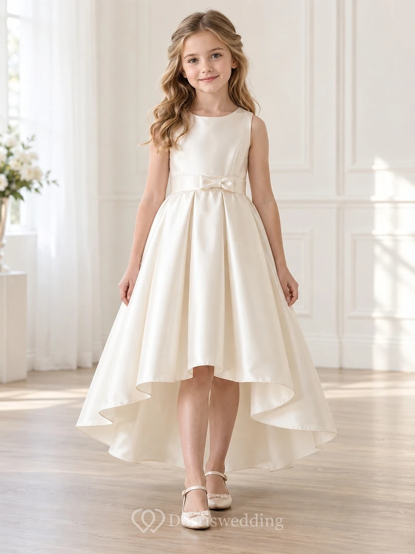 High-low Simple Ivory Sleeveless Scoop Bow Sashed Gathered Satin A-Line Flowergirl Dress