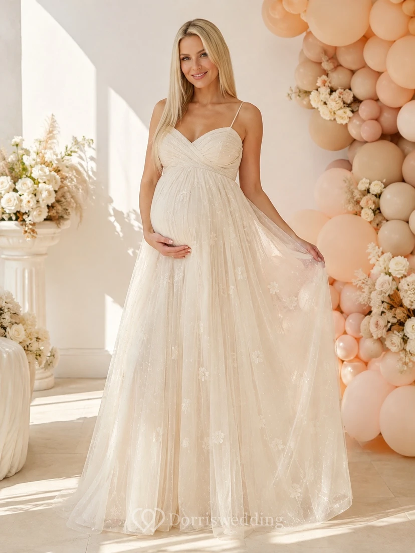 Ivory Maternity Sweetheart Sleeveless Tulle Floor-length A-line Romantic Formal Dress