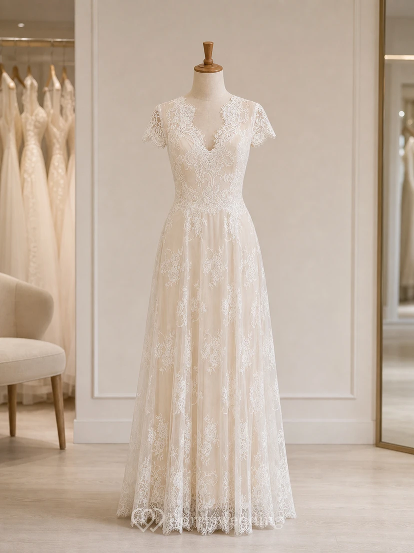 Vestido de novia de corte imperio con mangas cortas y espalda abotonada transparente. view 7