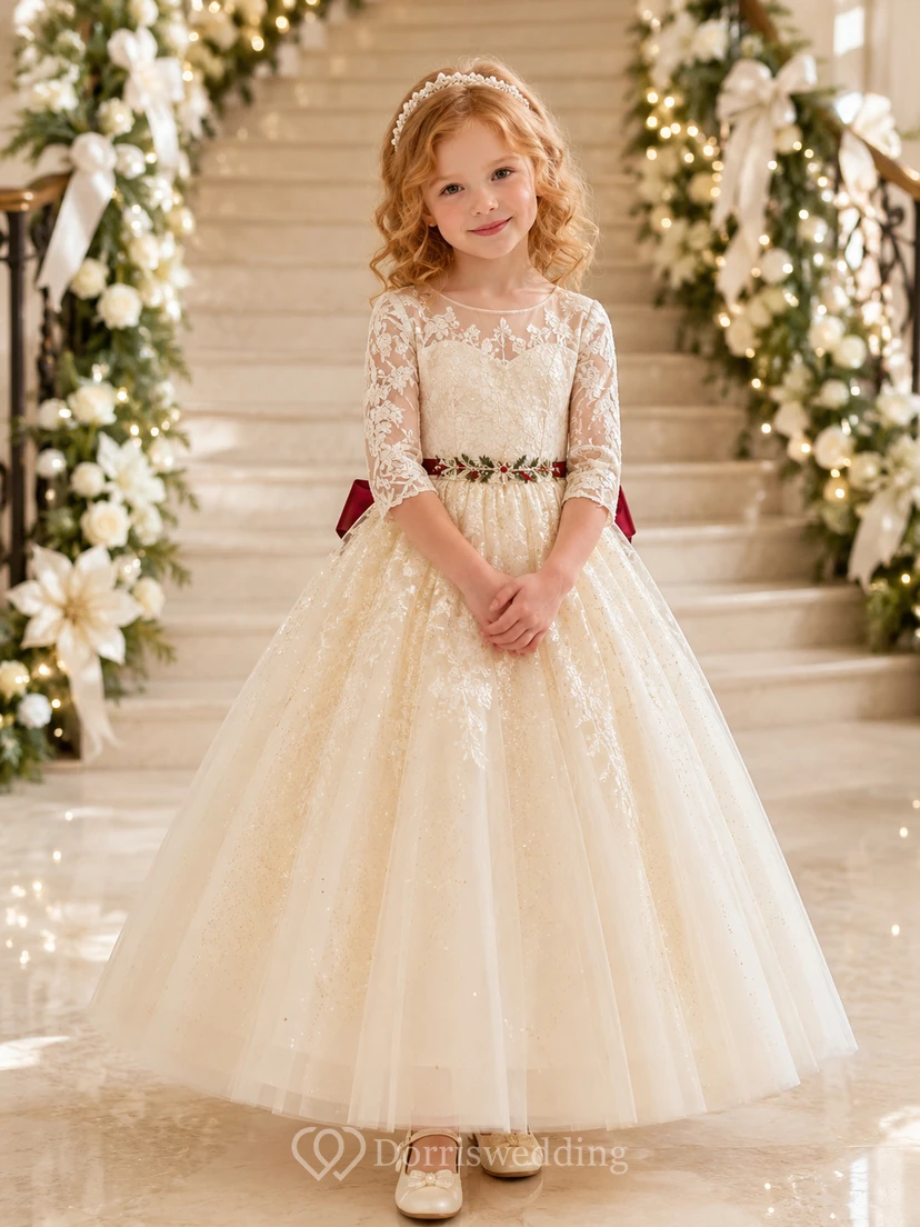 A-Line Christmas Wedding Flower Girl Dress with Cap Sleeves, Floral Lace Bodice, Tulle Skirt, Burgundy Waist Bow, Christmas Ceremony Style