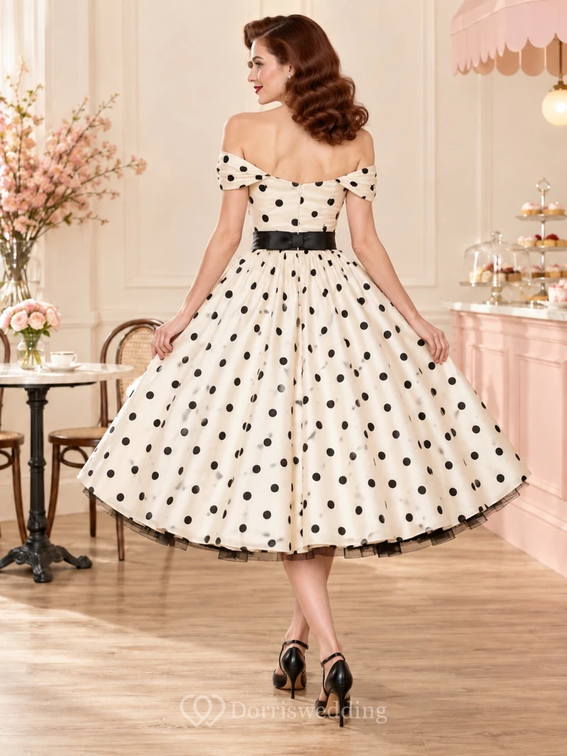 Vintage-Abendkleid in Teelänge, elfenbeinfarben, schulterfrei, mit Polka-Dots und Gürtel view 2