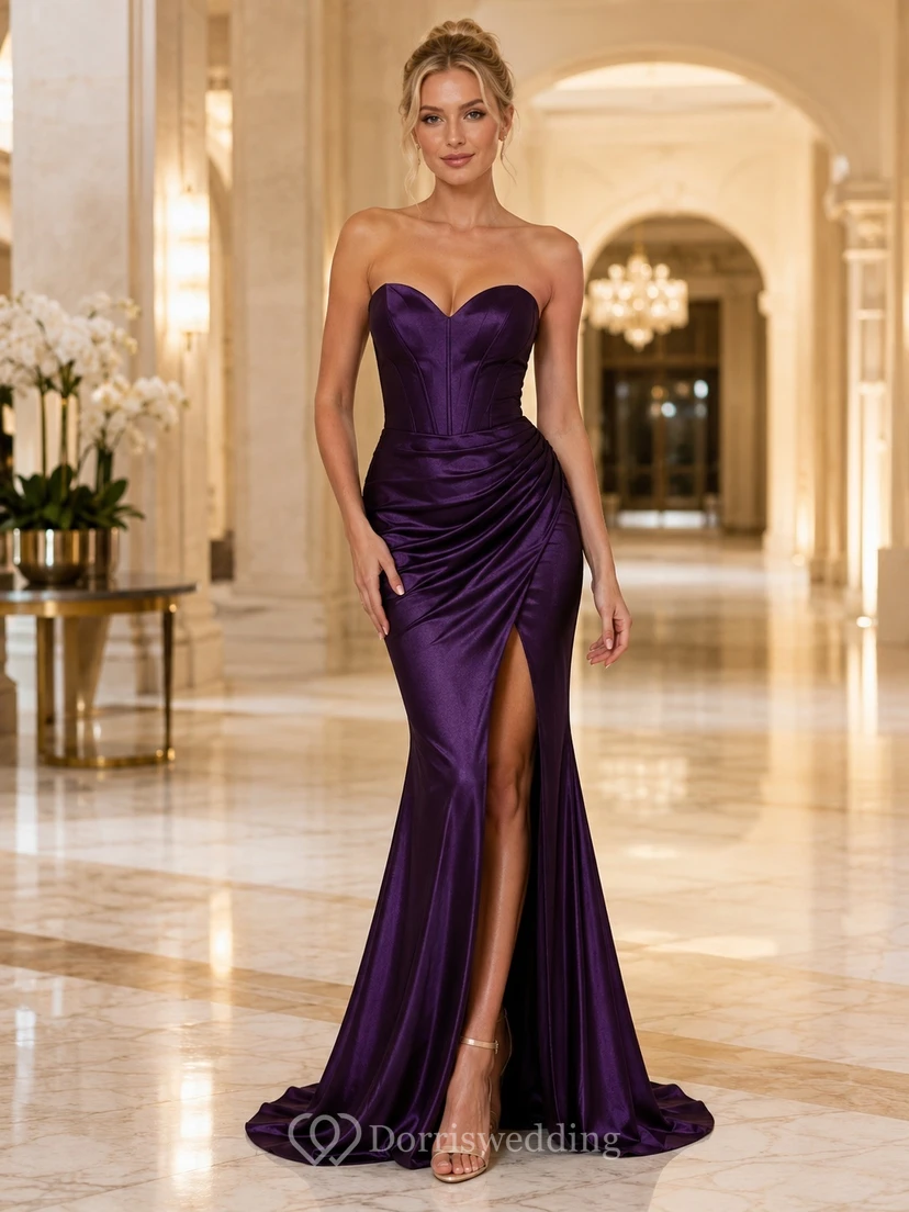 Dark Purple Satin Strapless Ruched Mermaid Floor-length Split Evening Dress