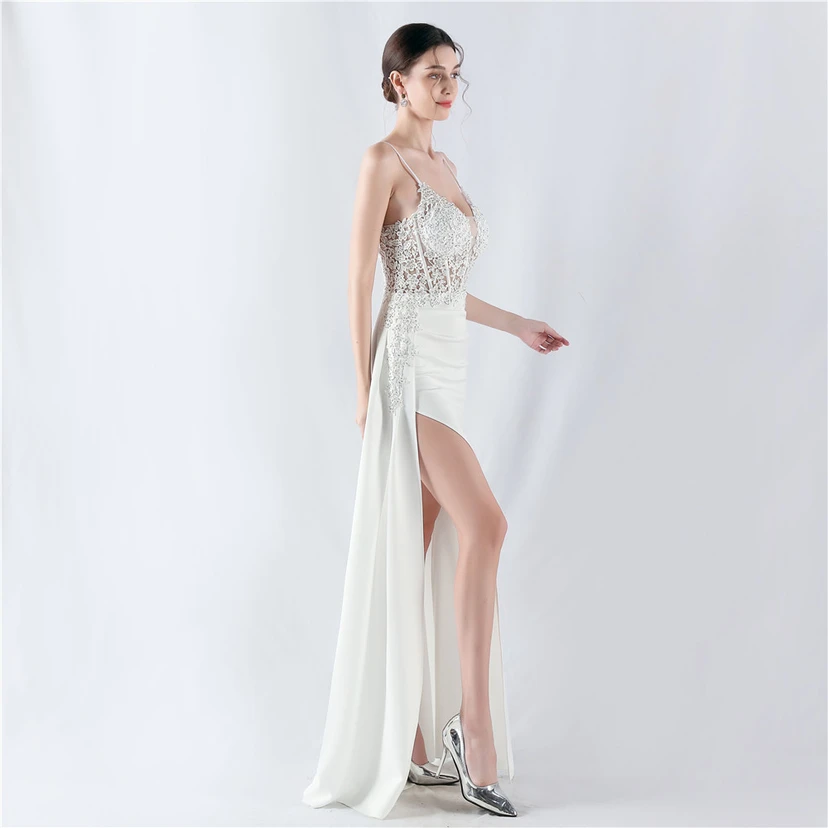 Heavy Hot Diamonds And Flower-Set Waisted Fishbone Satin Evening Dress Annual Meeting Wedding view 5